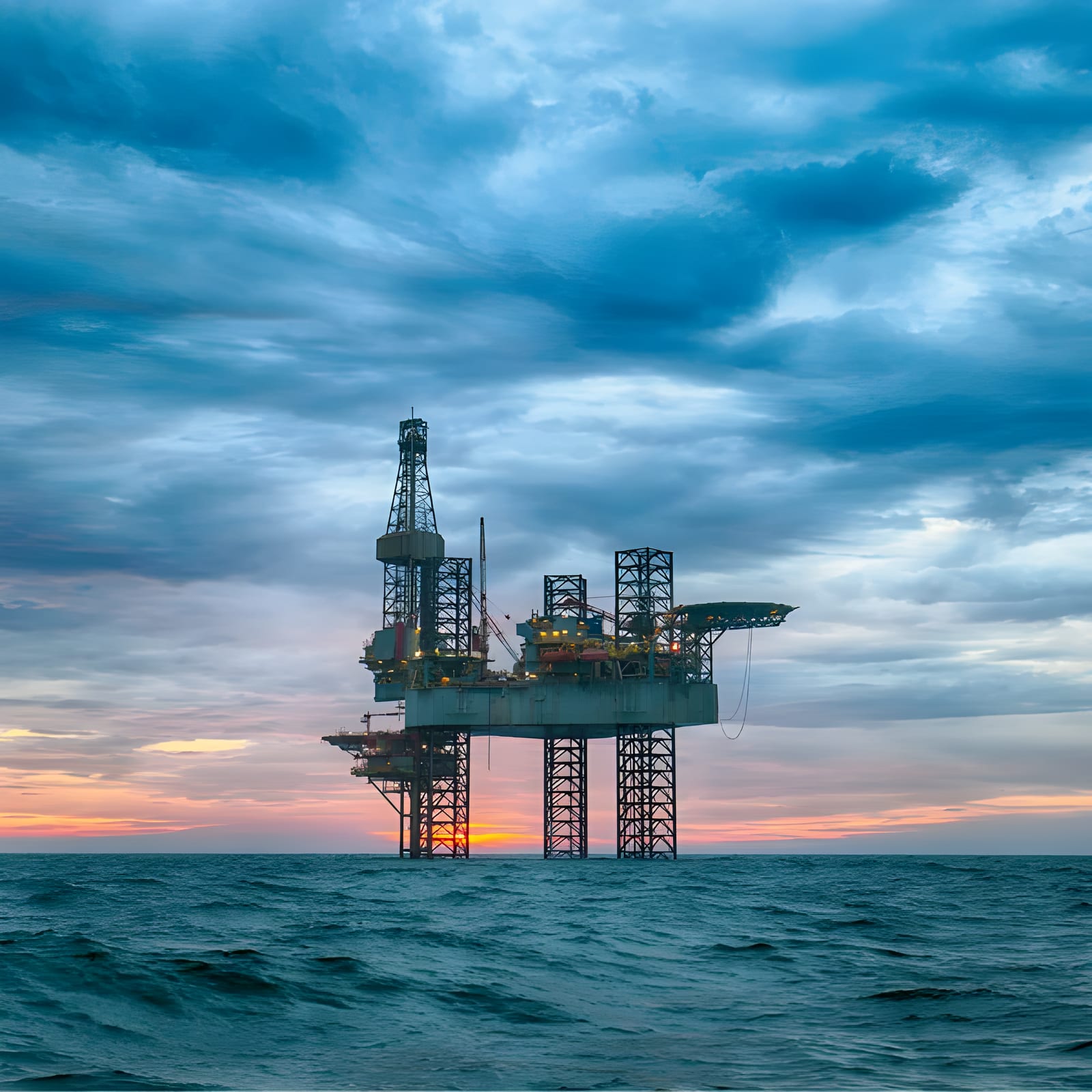 Jack-up drilling rig photographed in the evening light