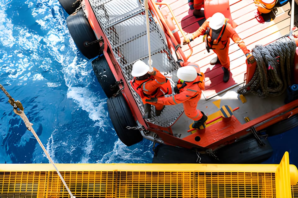 Offshore oil and gas crew at work on a rig deck