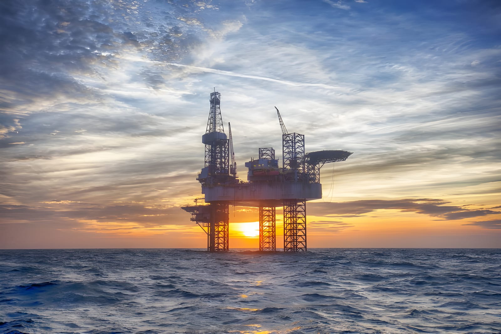 Offshore oil rig silhouetted against the sunset
