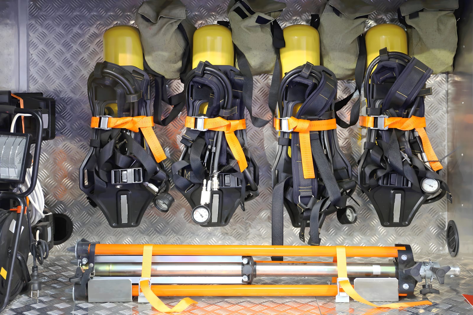Self-contained breathing apparatus sets staged for servicing
