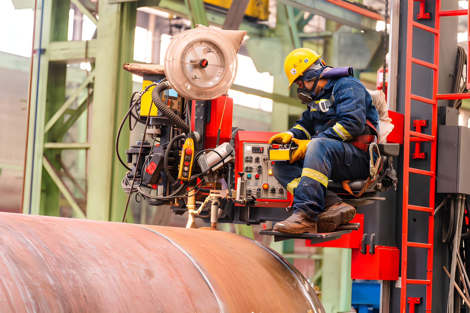 Submerged arc welding in progress on a steel pipe section