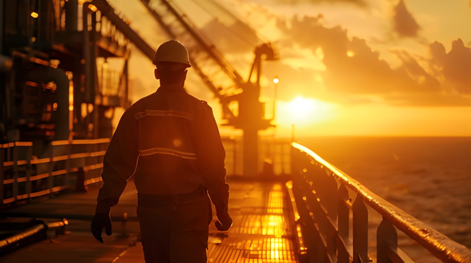 Marine surveyor walking the deck of an offshore oil platform